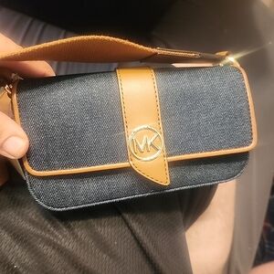 Michael Kors Denim and Tan Leather Crossbody Bag - Blue